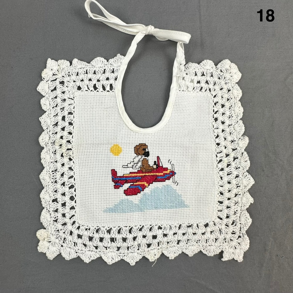 VTG Wimpole Street Creations Baby Bib Hand Cross Stitch Airplane Crochet Trim